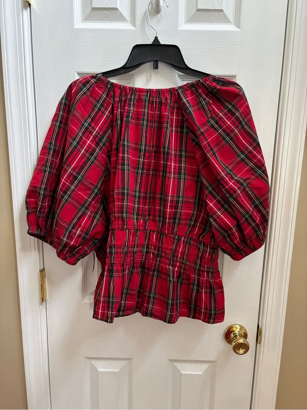 Old Navy Red Plaid Smocked Peplum Blouse, Size XL, NWT